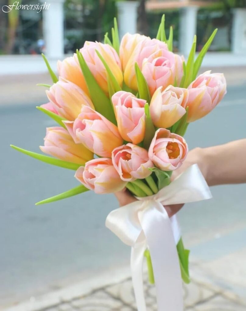Bó hoa tulip cầm tay cô dâu màu hồng tinh tế và sang trọng