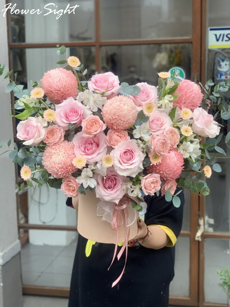 Happy Birthday Flower lẵng hoa chúc mừng sinh nhật mẹ màu hồng nhạt