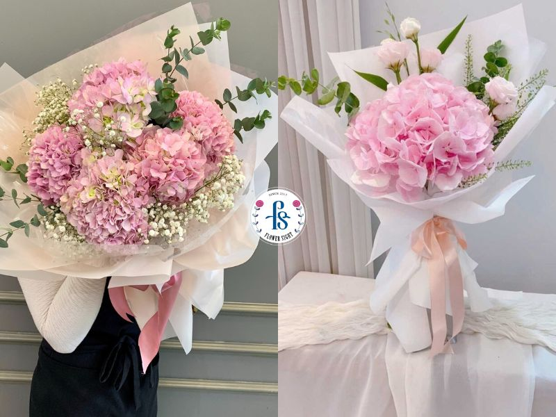 Bó cẩm tú cầu kết hợp hoa hồng, hoa baby trắng