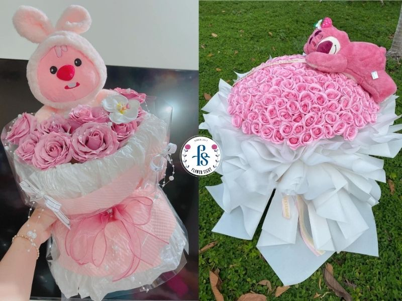 Giá bó hoa gấu bông dựa vào kích thước, số lượng gấu, chất liệu và thiết kế