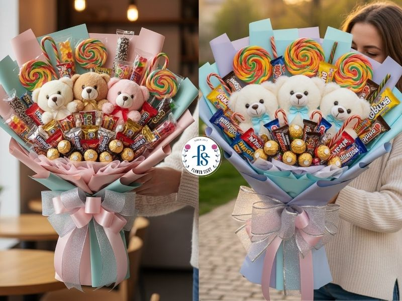 Bó hoa gấu bông kết hợp kẹo