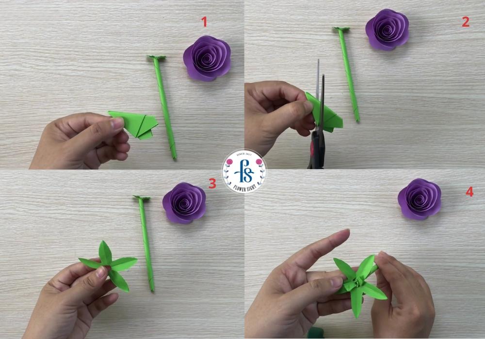 Cách gấp và gắn đài hoa màu xanh vào thân cành