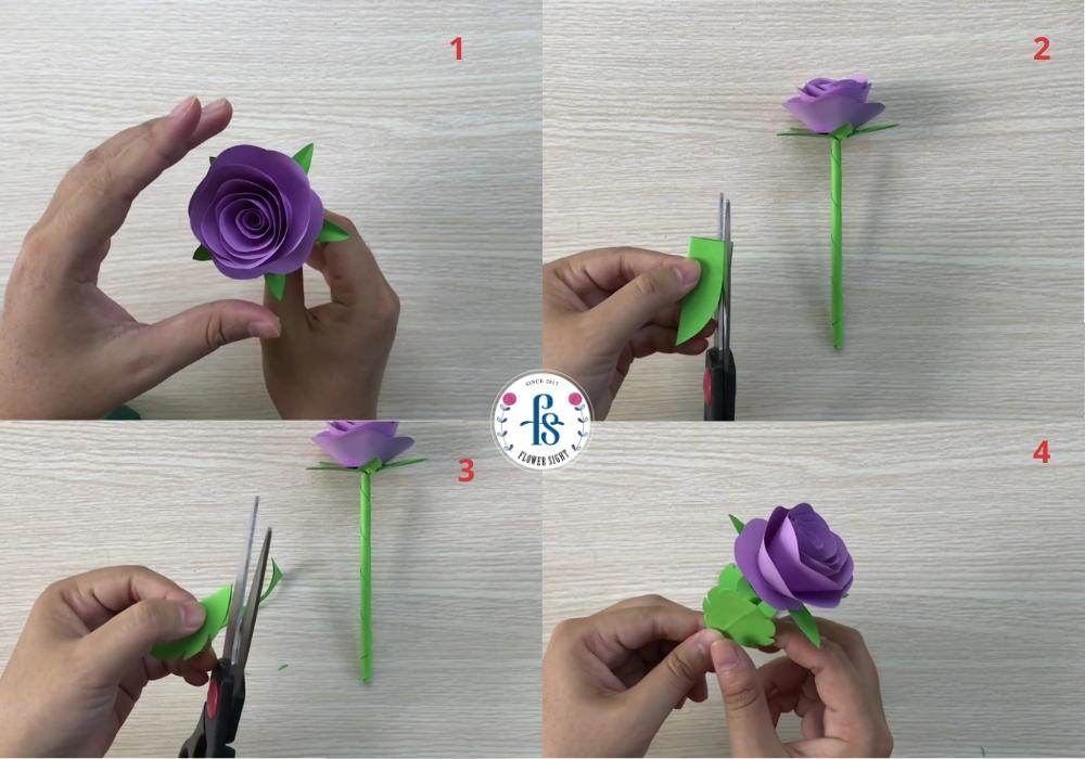 Gắn bông hoa hồng và lá vào cành hoàn thiện