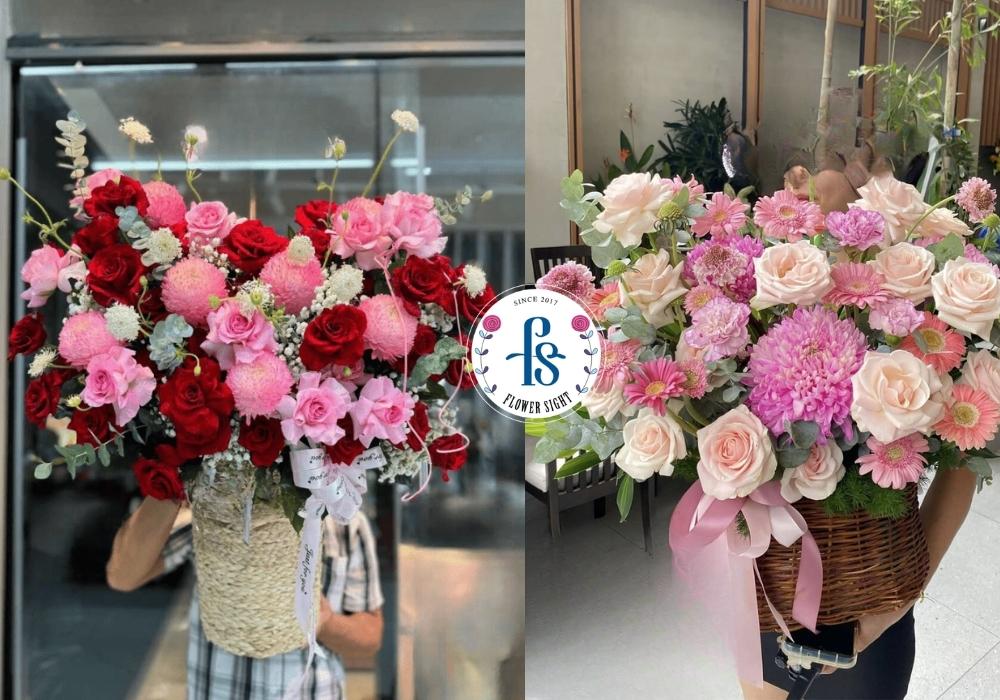 Giỏ hoa hồng phối đa sắc hòa quyện