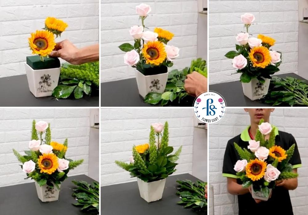 Hướng dẫn cắm kết hợp hoa hồng với hoa hướng dương